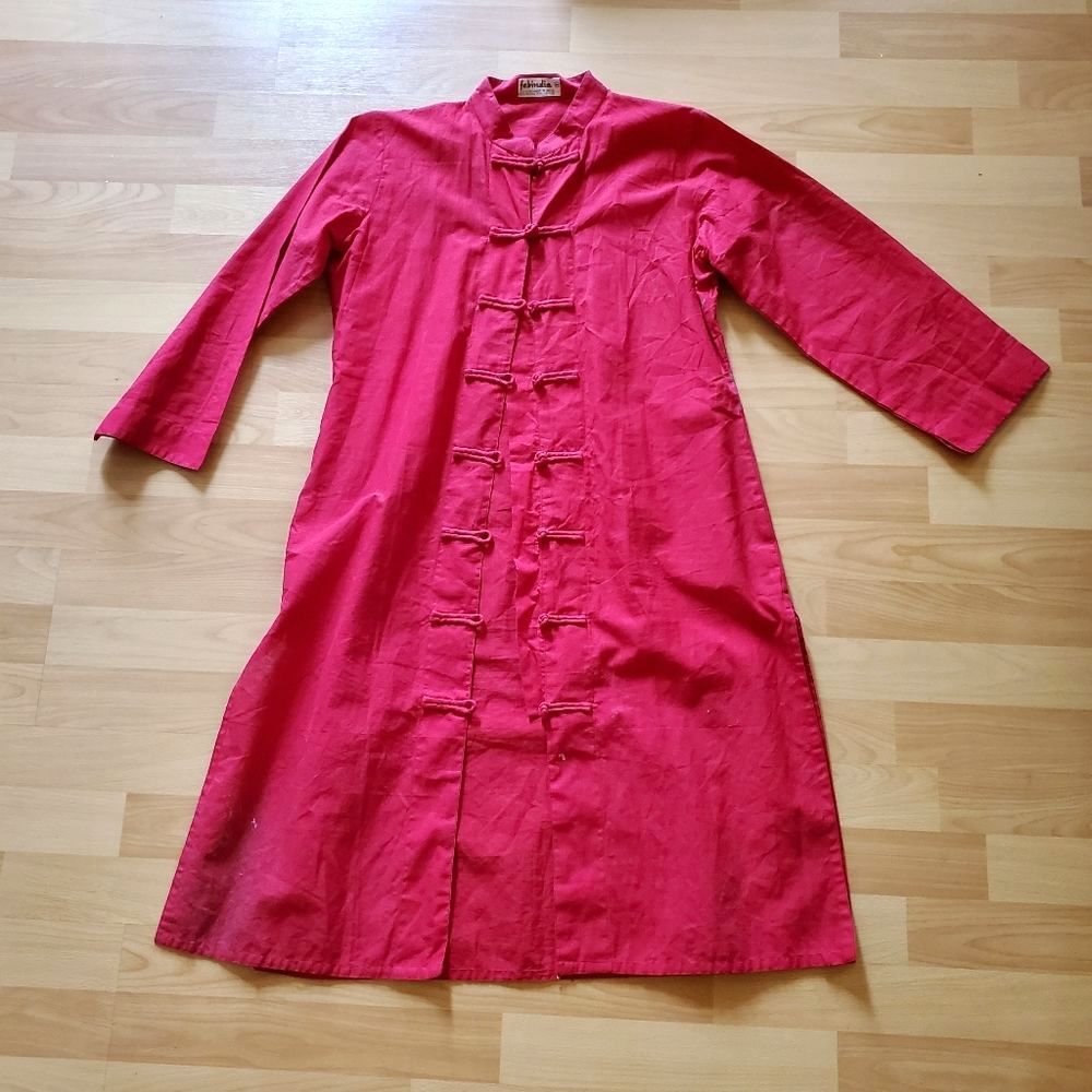 Long Red Vintage FabIndia Button Kurta Shirt Dress Jacket, Medium